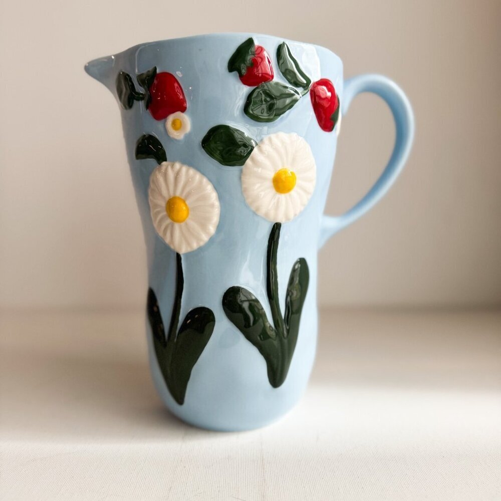 Anthropologie Foster Icon Stoneware Blue Strawberry Floral Jug Pitcher